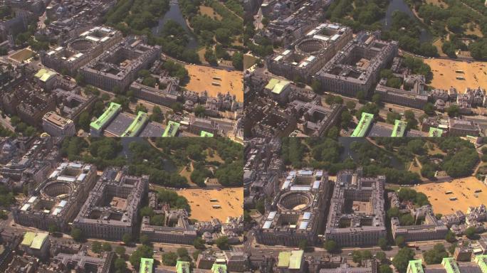英国伦敦白厅唐宁街和圣詹姆斯公园鸟瞰图。4K