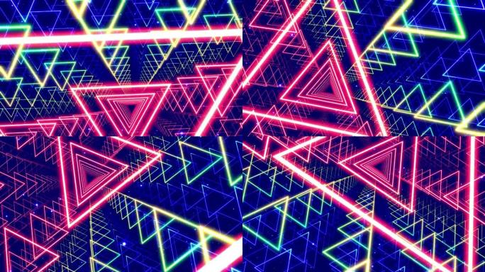 三角形的运动设计阵列，相机在霓虹灯和全息物体的数字科幻空间中飞行和旋转。高科技概念，抽象的未来循环背