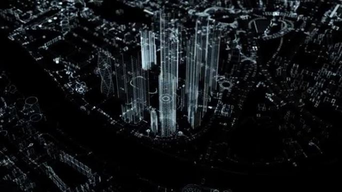 3D数字粒子之城。4k无缝环路。绕着一群摩天大楼飞