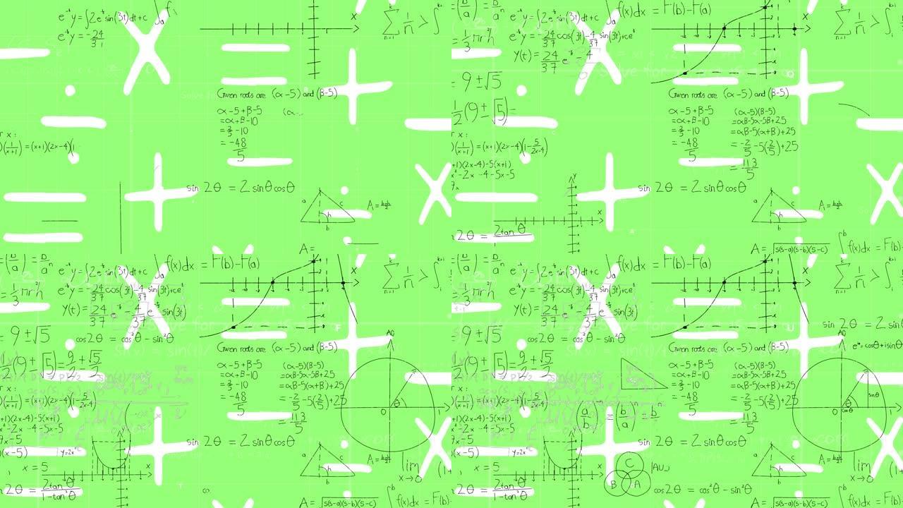 在绿色背景上移动数学公式的动画