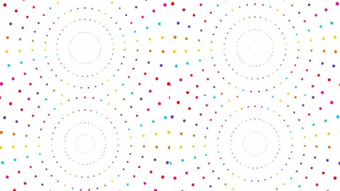 动画增加的彩色点从中心开始旋转。矢量插图孤立在白色背景上。