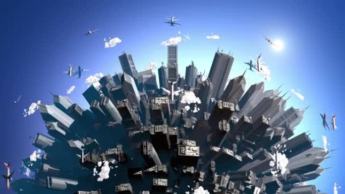 地球上大城市的鸟瞰图。飞机飞过。