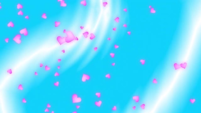 粉红色的心脏颗粒在带有光滑表面的移动蓝色渐变背景上从左向右下落和漂移。摘要背景。复制空间。情人节，婚