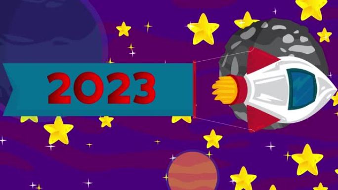 火箭与数字2023横幅在太空。卡通动画。