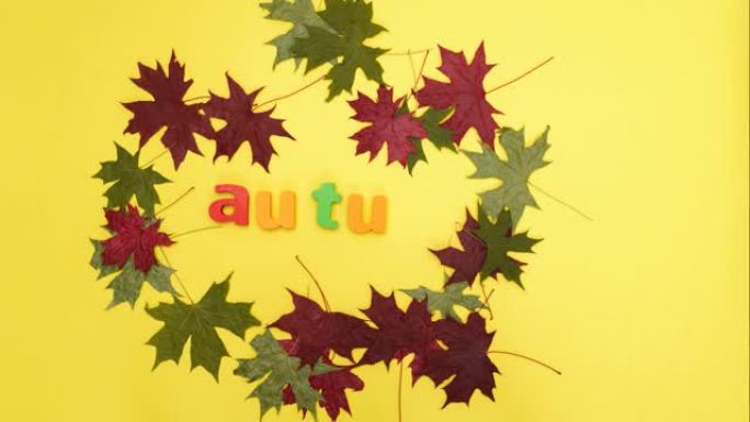 你好秋天作文，黄色背景上的秋叶。概念欢迎秋天。停止运动