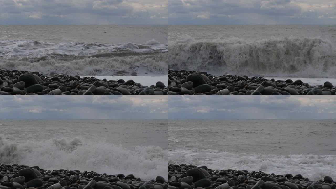 大浪正在袭击海岸。汹涌的暴风雨大海。