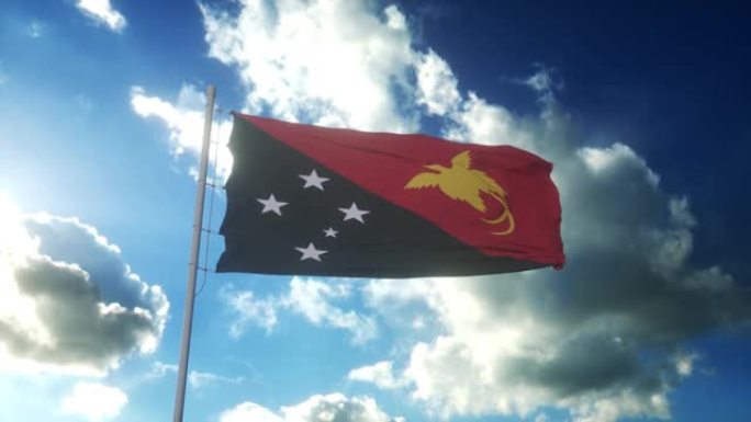 美丽的蓝天下，巴布亚新几内亚的旗帜迎风飘扬