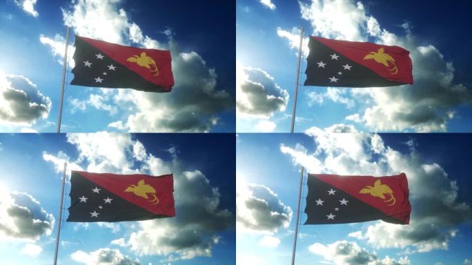 美丽的蓝天下，巴布亚新几内亚的旗帜迎风飘扬