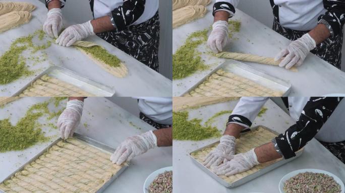 展示土耳其甜点Kadayif糕点的制作。