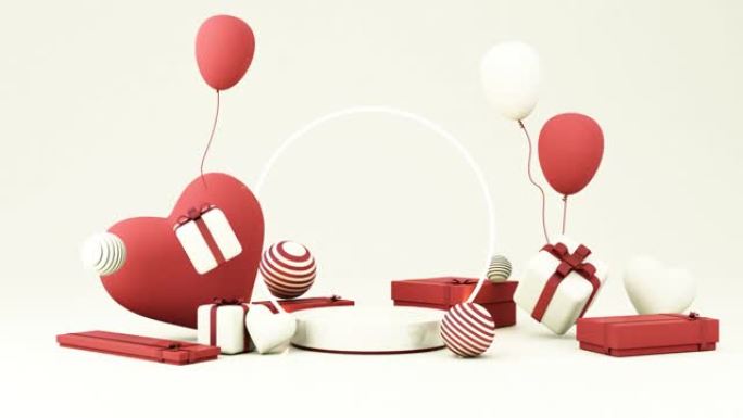 浪漫的创意作品。情人节快乐。逼真的节日装饰物，心形气球和爱情，坠落礼品盒，黄金。假日横幅和海报。3d
