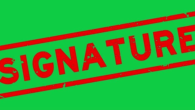 Grunge红色签名字方形橡胶印章放大绿色背景