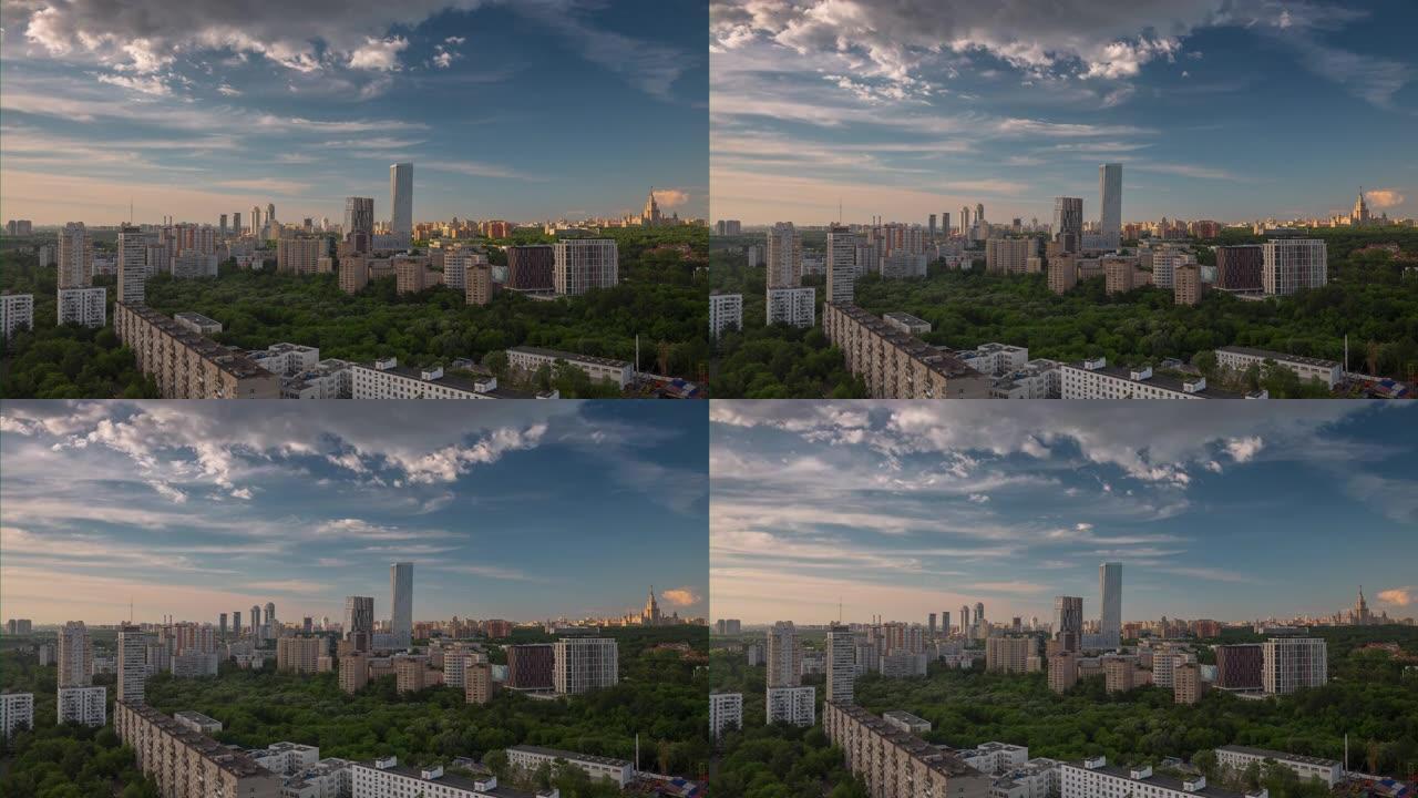 夏季日落莫斯科城市景观豪华公寓建筑屋顶全景4k延时俄罗斯