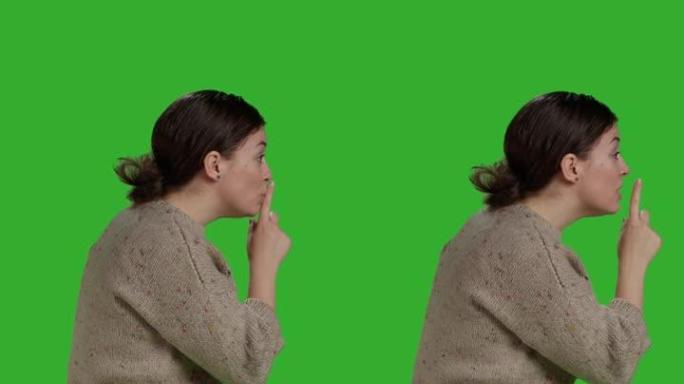 垂直视频:私人女性做嘘符号保持沉默的个人资料