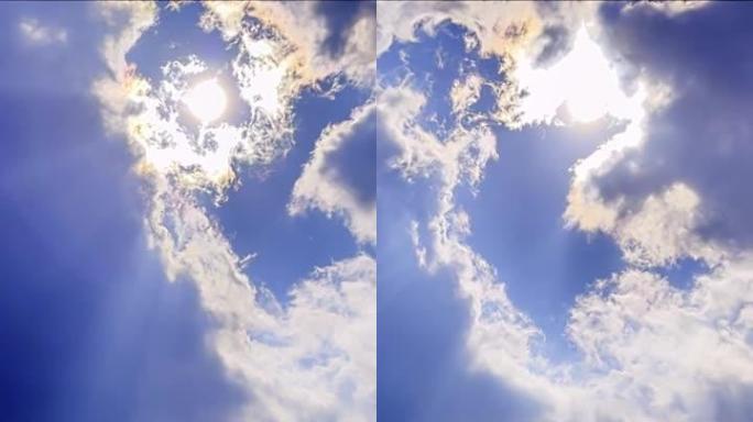在移动的云孔中显示出太阳和虹彩云现象