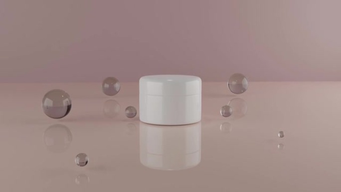 白色罐子的化妆品在米色背景与玻璃球。女性化妆品护肤品。逼真的3d动画。