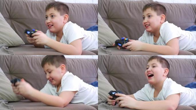 boy的特写镜头躺在沙发上，表达自己的情绪并在家里玩playstation，游戏机。