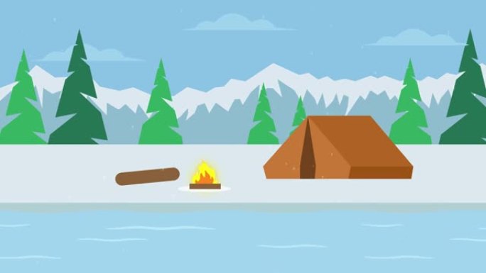 冰湖附近有篝火的帐篷