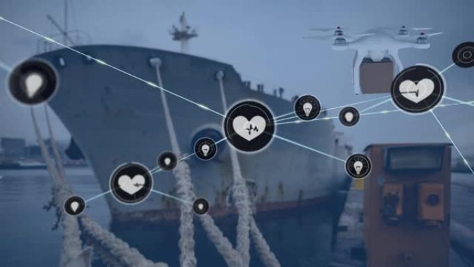 数字图标和无人机网络，在海上向一艘船运送运送货箱