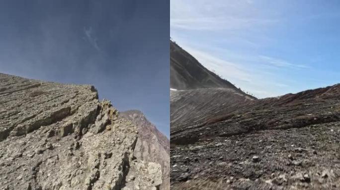 岛火山裂山石结构从山脊潜水到酸湖雾雾鸟瞰图