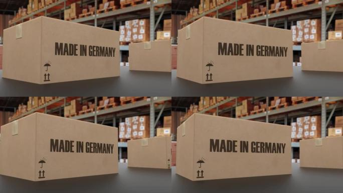 传送带上带有德国制造文本的盒子。美国商品相关可循环3D动画