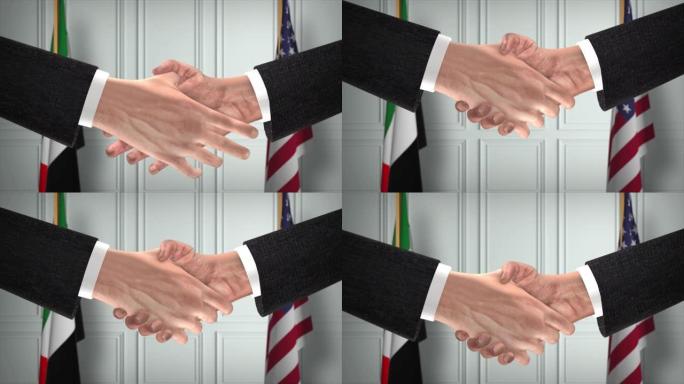 阿联酋阿拉伯联合酋长国与美国合作商业协议。国家政府旗帜。官方外交握手说明动画。协议商人握手