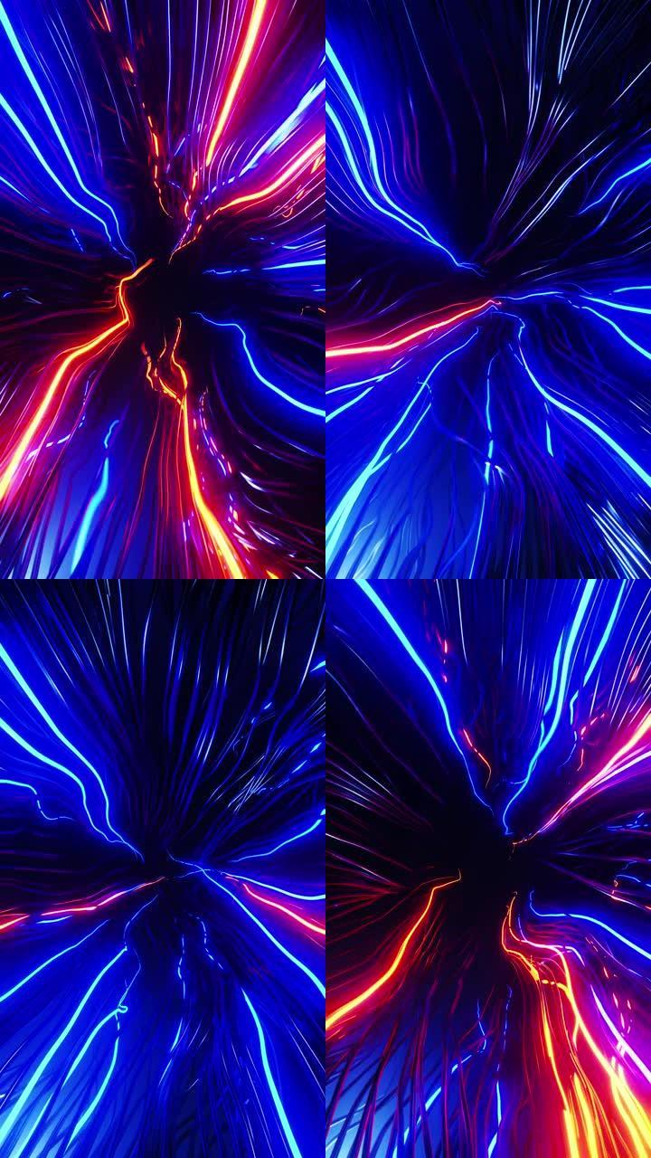 缠绕的电线以不同的颜色闪烁。垂直循环视频