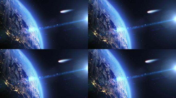 行星地球和巨大的彗星关闭，外太空视图