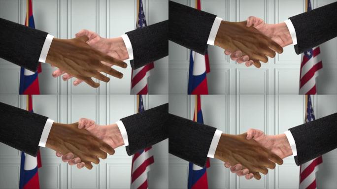 老挝和美国商业伙伴关系协议。国家政府旗帜。官方外交握手说明动画。协议商人握手