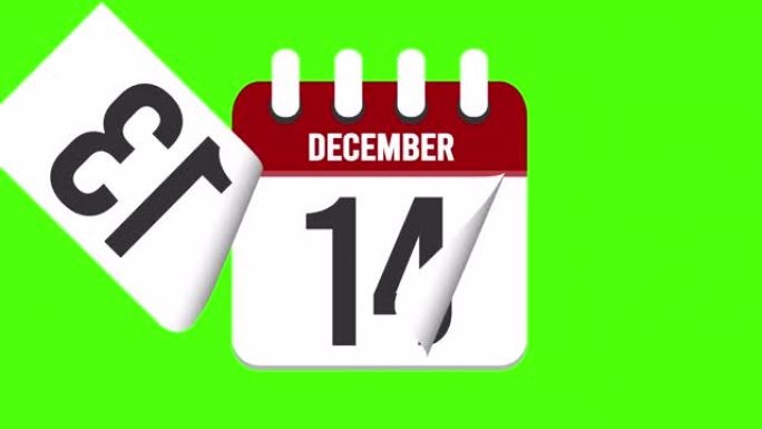 12月25日。日历出现，页面下降到12月25日。绿色背景，色度键 (4k循环)