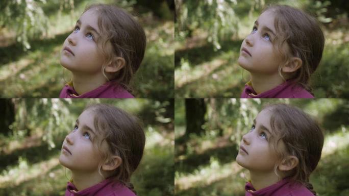 肖像小女孩祈祷着带着希望和信念仰望天空，沉思的孩子脸，特写镜头。女孩仰望上帝信徒祈祷，热情的梦想家神