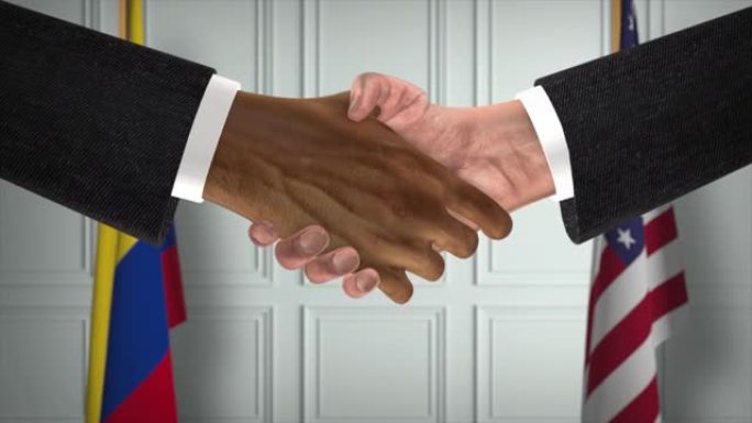 哥伦比亚和美国商业伙伴关系协议。国家政府旗帜。官方外交握手说明动画。协议商人握手