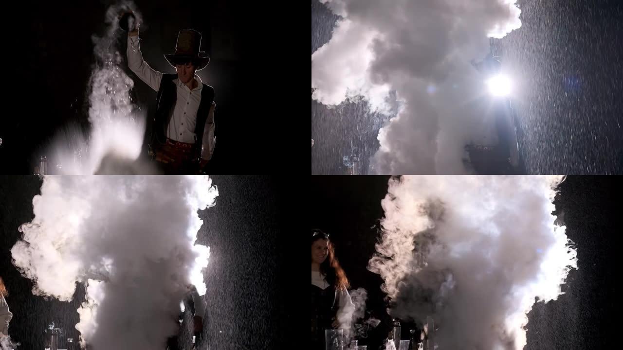 一位戴着复古帽子的男性炼金术士将水倒入装有试剂的桶中，并产生爆炸。蒸汽和烟雾覆盖了周围的一切。魔术，