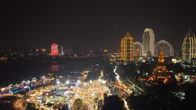 西双版纳湄公河六国水上市场夜景航拍