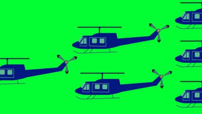 蓝色直升机在绿色屏幕上飞行的数量
