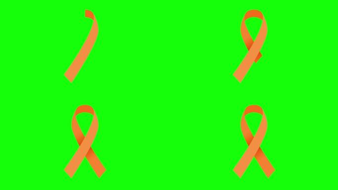 4k橙色哀悼丝带股票动画。慢动作橙色白血病/癌症意识视频。色度键控的绿色屏幕。