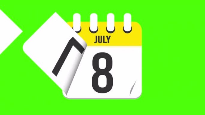 7月11日。日历出现，页面下降到7月11日。绿色背景，色度键 (4k循环)
