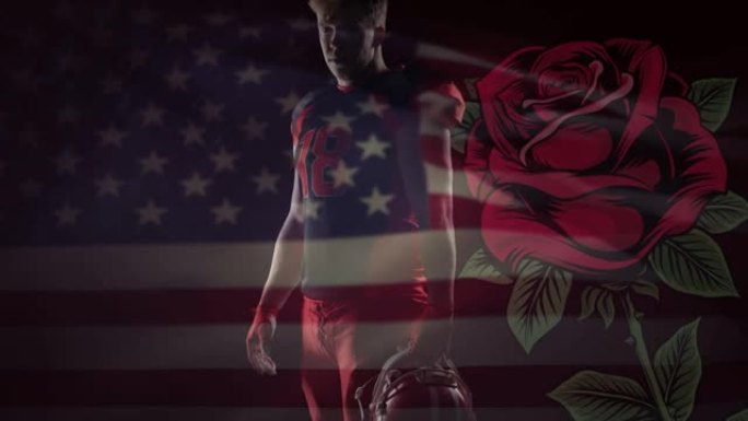 动画的白人美国足球运动员在美国国旗和玫瑰