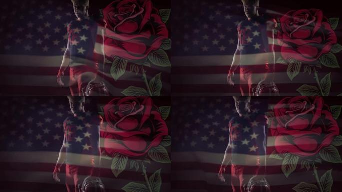 动画的白人美国足球运动员在美国国旗和玫瑰