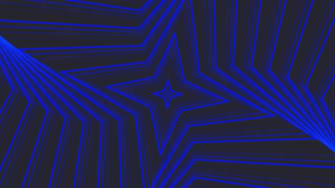 深灰色黑色背景循环上的蓝色自旋四角星简单平坦几何。星光灿烂的旋转电波无尽的创意动画。旋转星星无缝运动