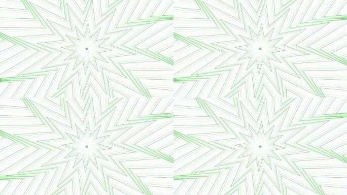 白色背景循环上的绿色纤细自旋八角星简单平坦几何。星光灿烂的旋转电波无尽的创意动画。旋转星星无缝运动图