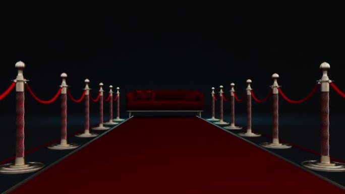3d红色沙发动画在带有barrieres的红地毯尽头