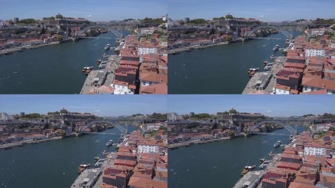 阳光明媚的日子波尔图市著名的dom luis douro河大桥空中全景4k葡萄牙