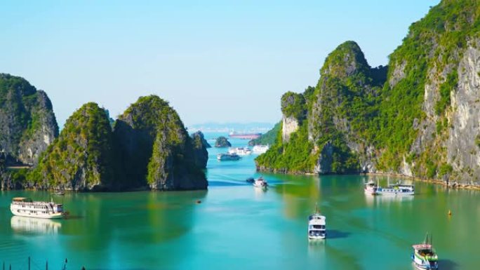 越南下龙湾的美丽景色。野生自然原生态海景。亚洲的越南。最佳旅游景点。间隔拍摄。