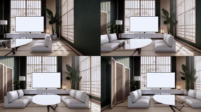 绿色房间日本简约客厅内部，3D渲染