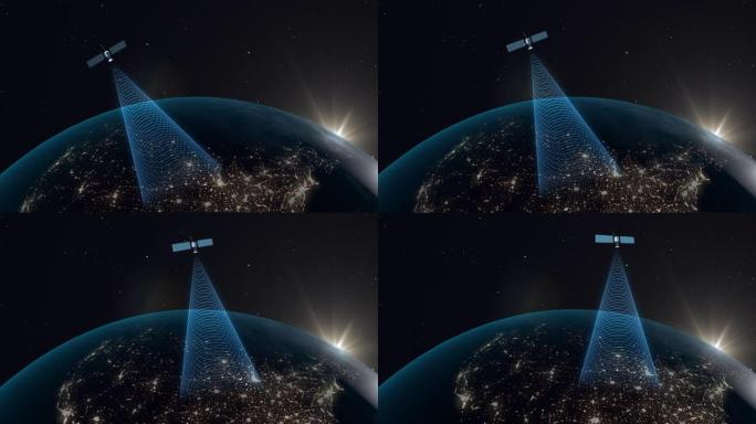 地球轨道上的人造卫星接收并传输数字信号到夜间行星的表面。GPS信号可视化，全球互联网，国际通信。3D