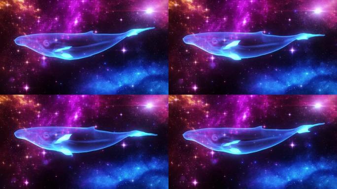五颜六色的外太空环抽象背景中的宇宙鲸鱼