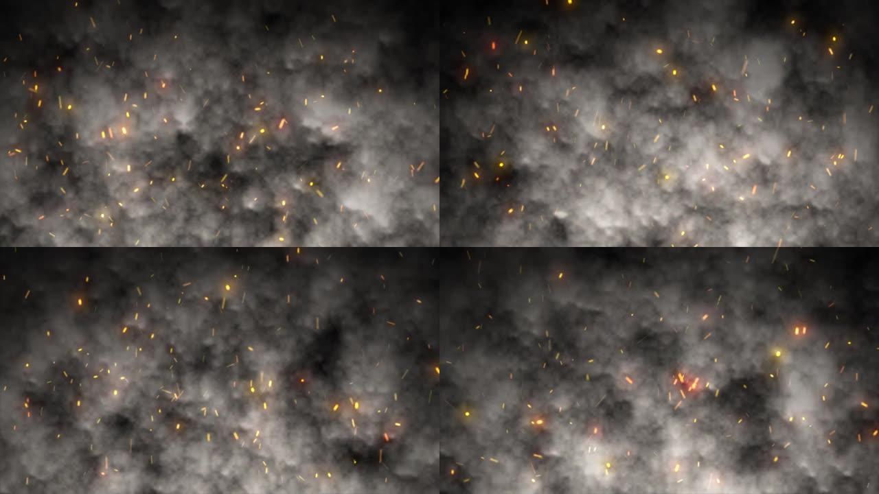 抽象橙色火热的火花和深灰色的篝火浓烟，抽象的背景。视频4k，运动设计