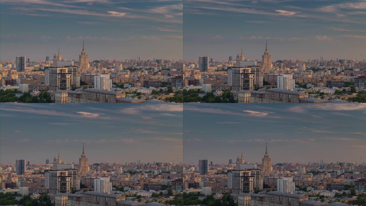 莫斯科日落之夜城市景观空中全景4k延时俄罗斯