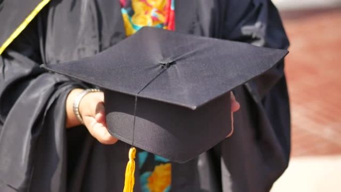 学生在黄色背景的毕业典礼上手持帽子