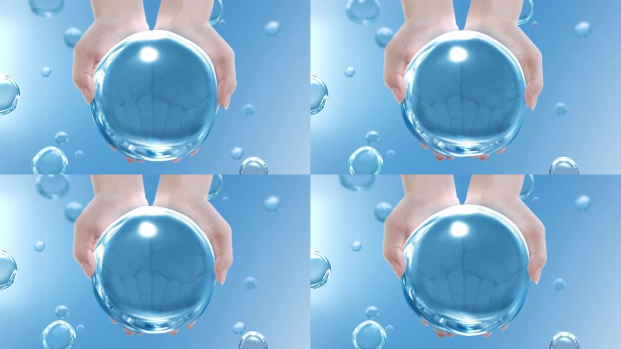 女美女拍杯形手拿着环形干净水滴蓝色泡泡背景